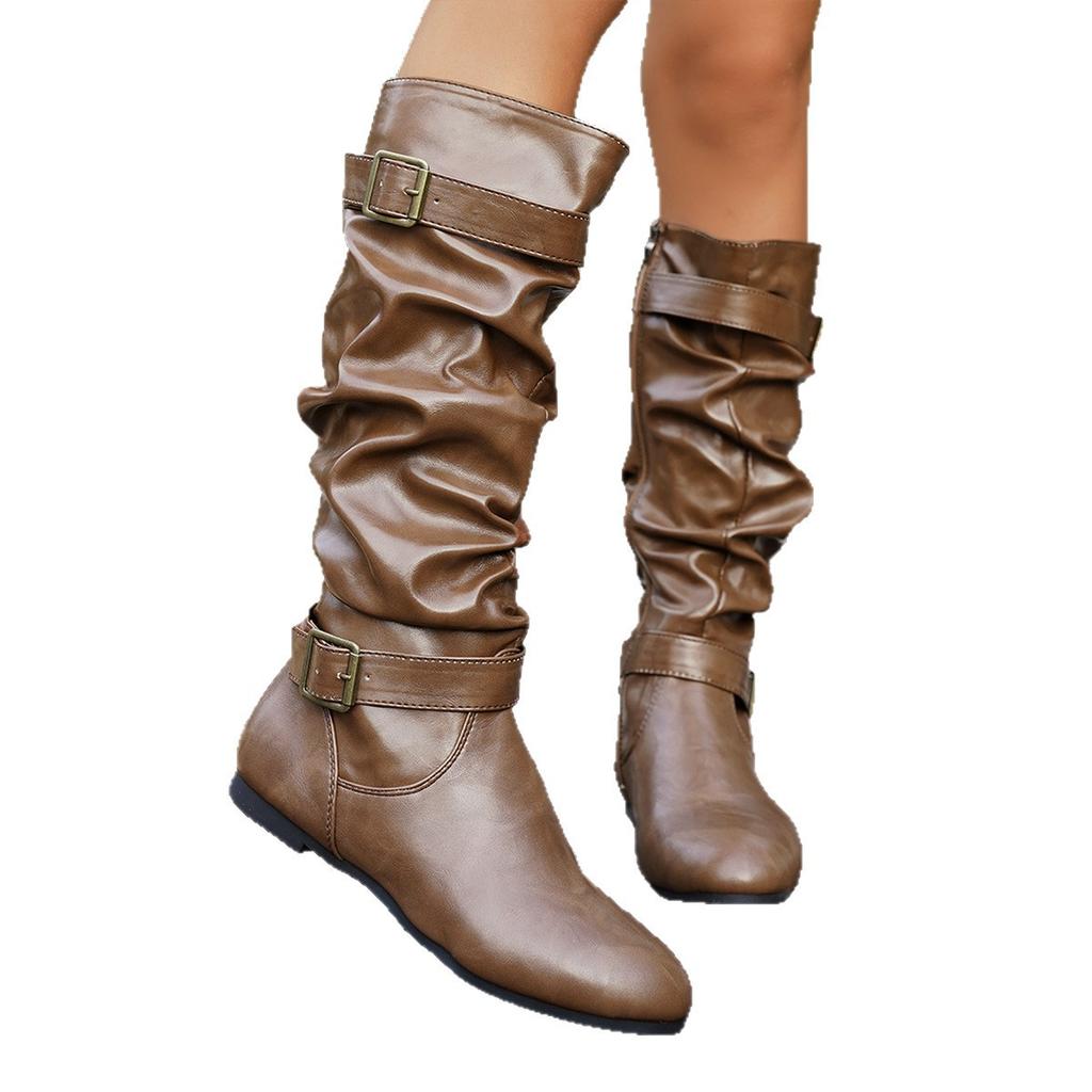 Fall/Winter 2025 New Large Size Round Toe Stacked Boots Women's Belt Buckle Stylish and Comfortable Slip-On Martin Boots