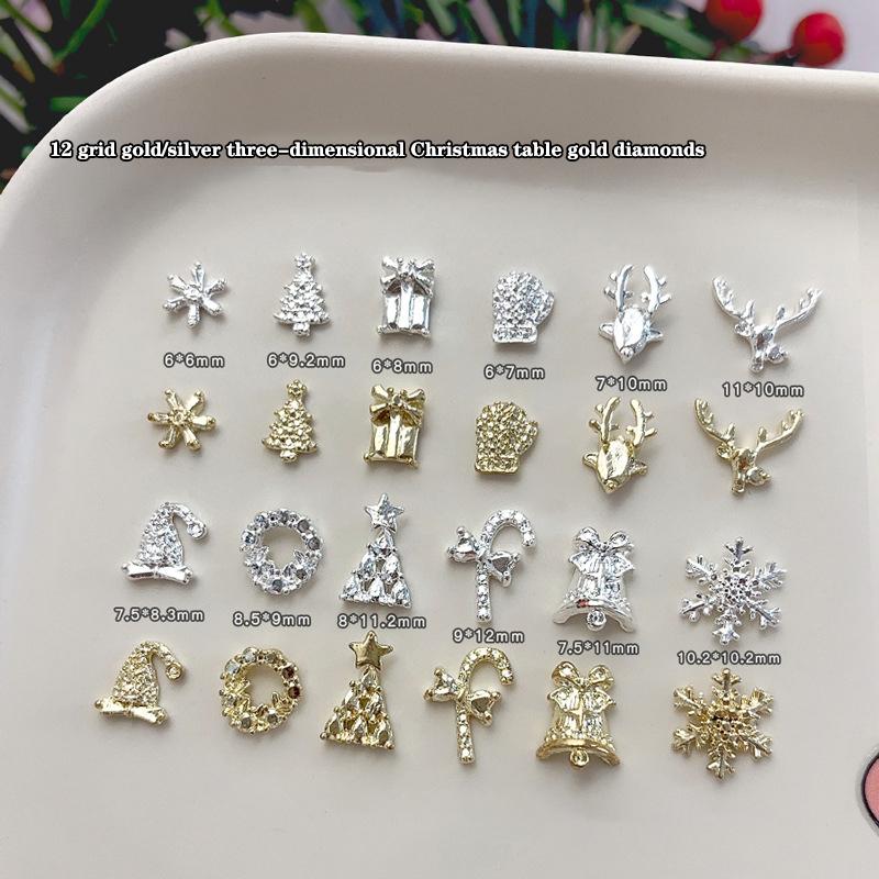 48 Pcs/Box Christmas Nail Art Decorations With Cute Reindeer, Snowflakes And Bells Nail Accessories