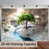 Cave Tree Tapestry, Green Tree And River In Limestone Cave, Scenic Wall Hanging For Bedroom Living Room Decor