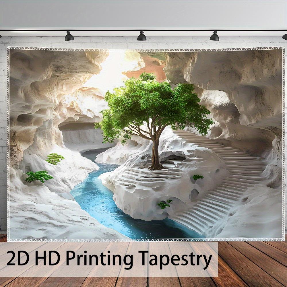 Cave Tree Tapestry, Green Tree And River In Limestone Cave, Scenic Wall Hanging For Bedroom Living Room Decor