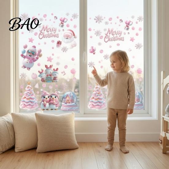Office Holiday Wall Stickers 9Pcs Pink Christmas Static Window Clings, Santa Snowman Bunny Penguin Glass Creative Collage Decals, Reusable Xmas