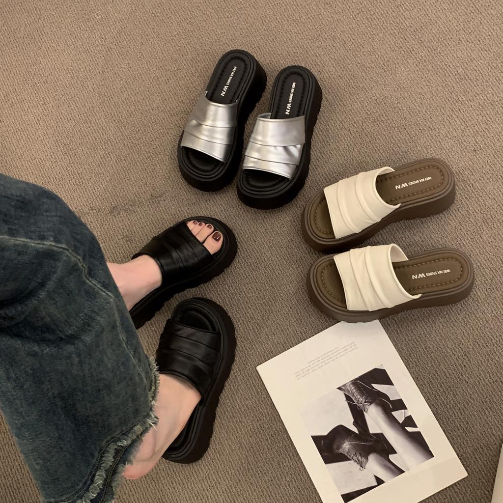 Thick-bottomed Heightening Cool Slippers for Women's Summer Wear 2025 New Models with Skirts, Beach One-word Drag, Small Muffin Slippers