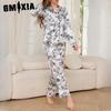 GMXIA Women's Pajamas Autumn and Winter Simulation Silk Long-sleeved Loungewear Suit