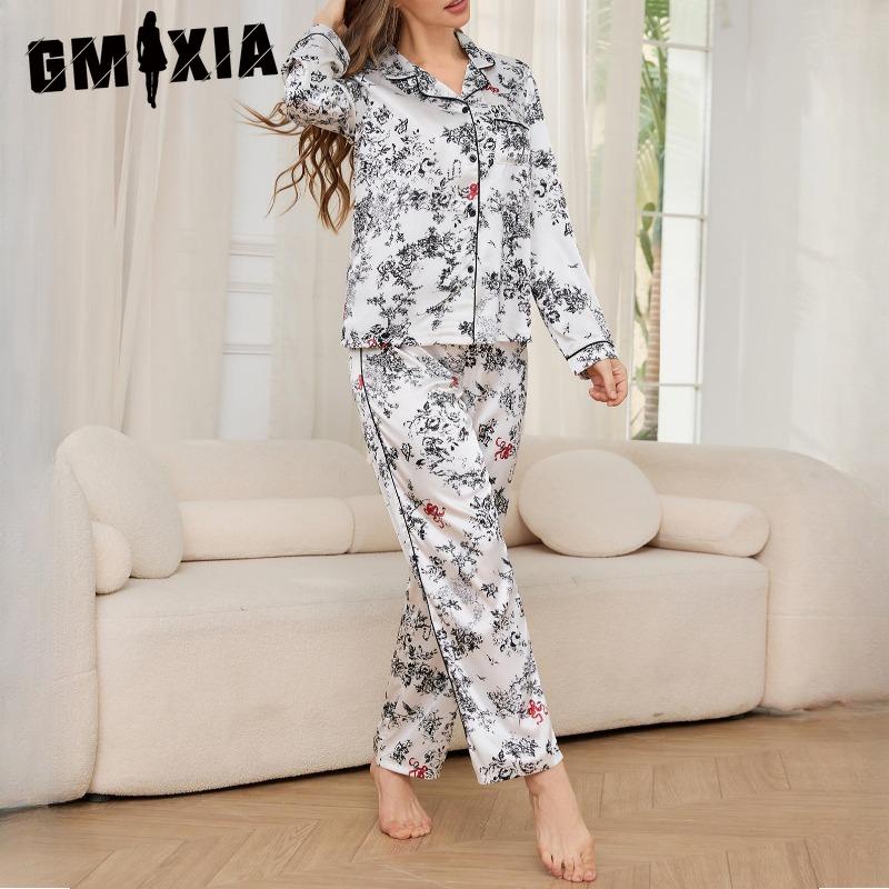 GMXIA Women's Pajamas Autumn and Winter Simulation Silk Long-sleeved Loungewear Suit