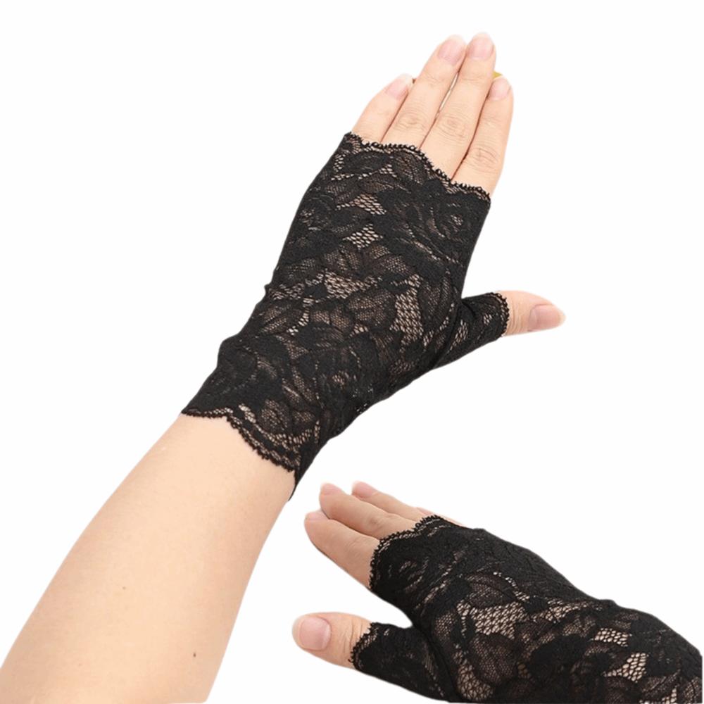 Breathable Mesh Lace Sunscreen Gloves Flower Pattern Arm Sleeve Fingerless Gloves Summer Wear Black 16cm