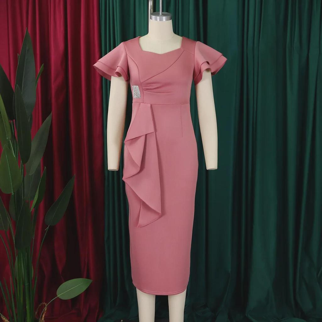 D3310 Elegant Ruffled Solid Color Hip-Wrapped African Dress