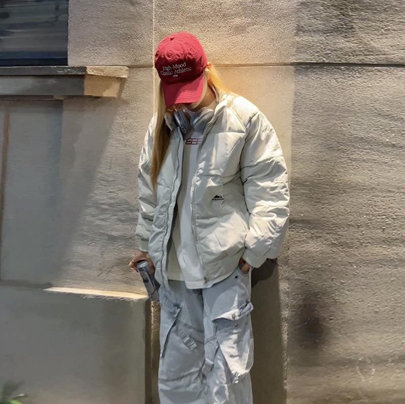 

Stand-up collar down cotton-padded clothes for women s winter new neutral wind loose retro warm couple cotton-padded clothes thickened coat XL