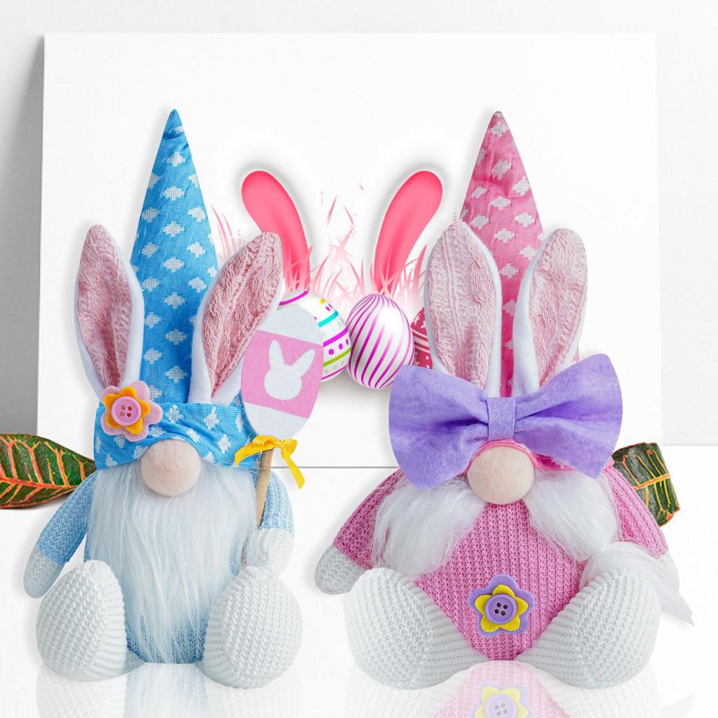 Easter Bunny Faceless Doll with Knitted Pink and Blue Rabbit Ears Ornament