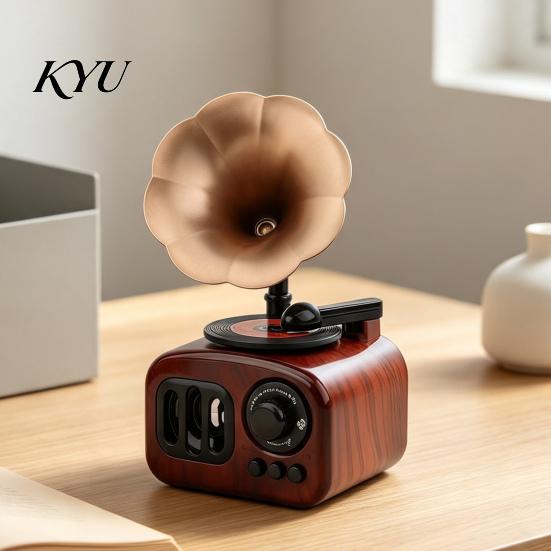 Retro Desktop Ausstellungsstück Mini Grammophon Spieluhr Ornament, Vintage Holzmaserung Phonograph Form Sammlerfigur Box, Dekoration für Café