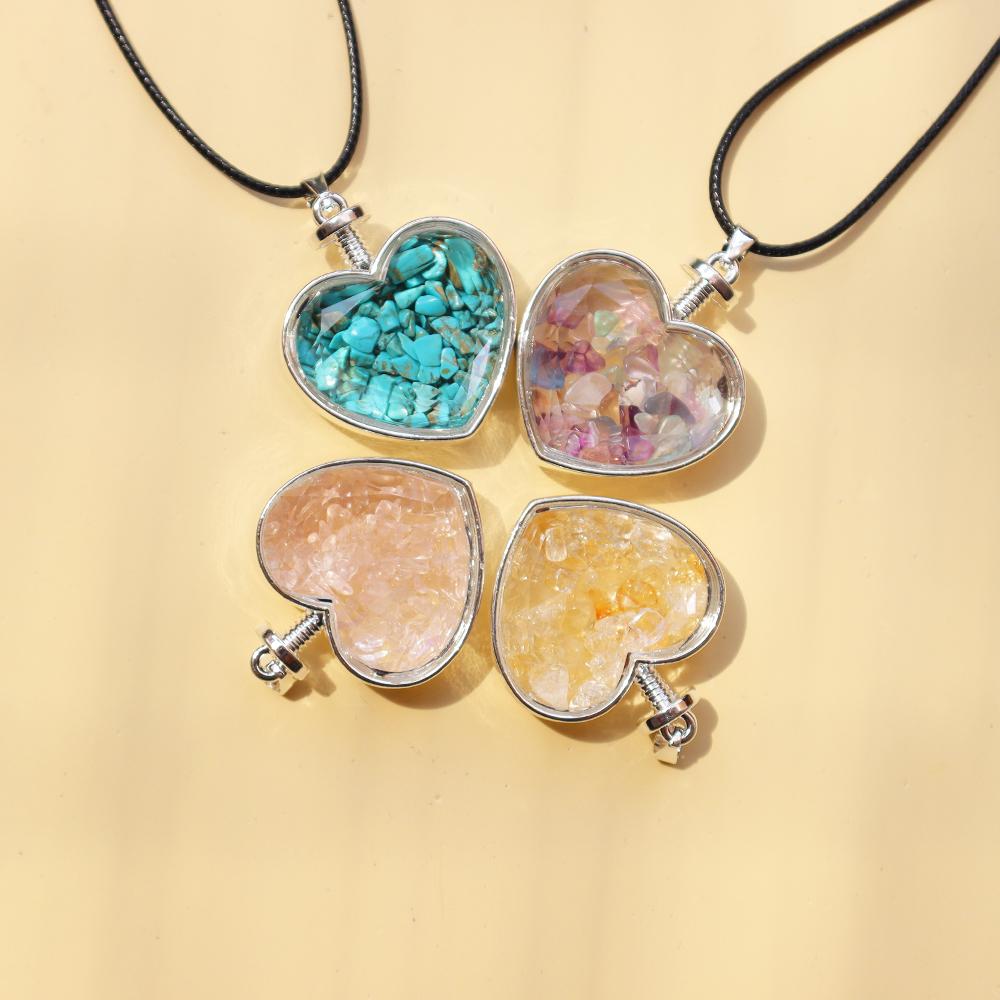 Natural Crystal Heart Pendant Wishing Bottle Crystal Necklace Sweater Chain Healing Gift to Wear