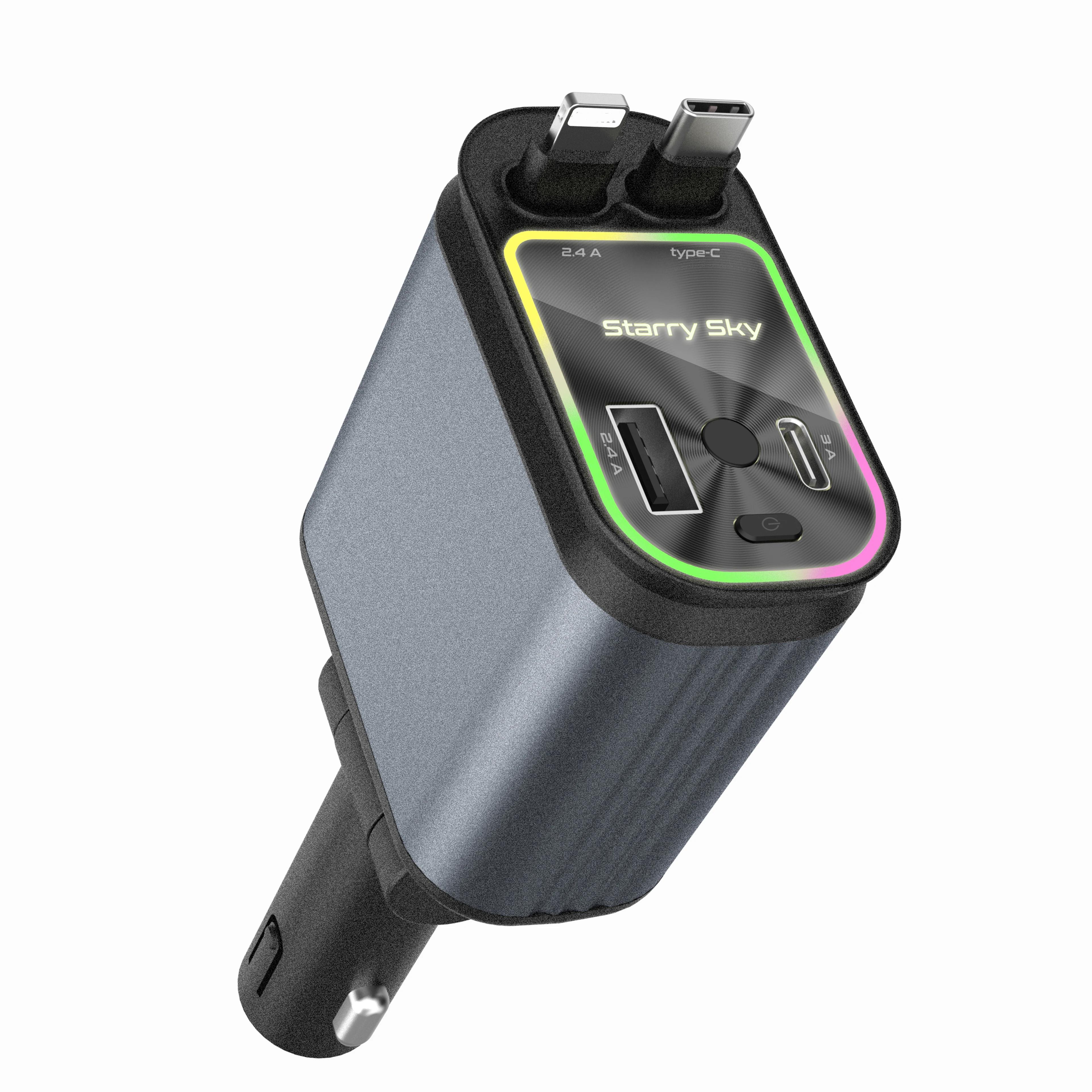 

4 в 1 выдвижное автомобильное зарядное устройство с кабелем USB C Lightning Starlight в крыше автомобиля быстрая зарядка для телефонов iPhone и Samsung чёрный