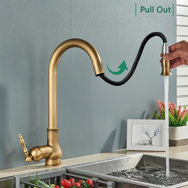 TLXT Wall-Mounted Brass Kitchen Faucet with Pull-Out Swivel Sprayer