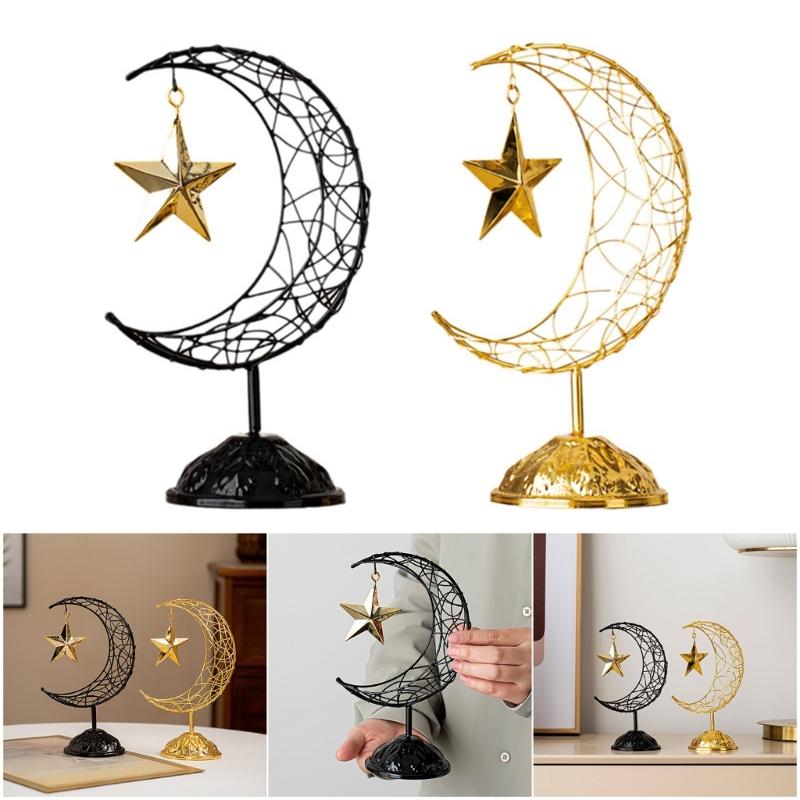 Artistic Middle Eastern Iron Moon Star Sculpture With Base Eid Ramadans Hollowout Ornament for Muslims Party Supplies