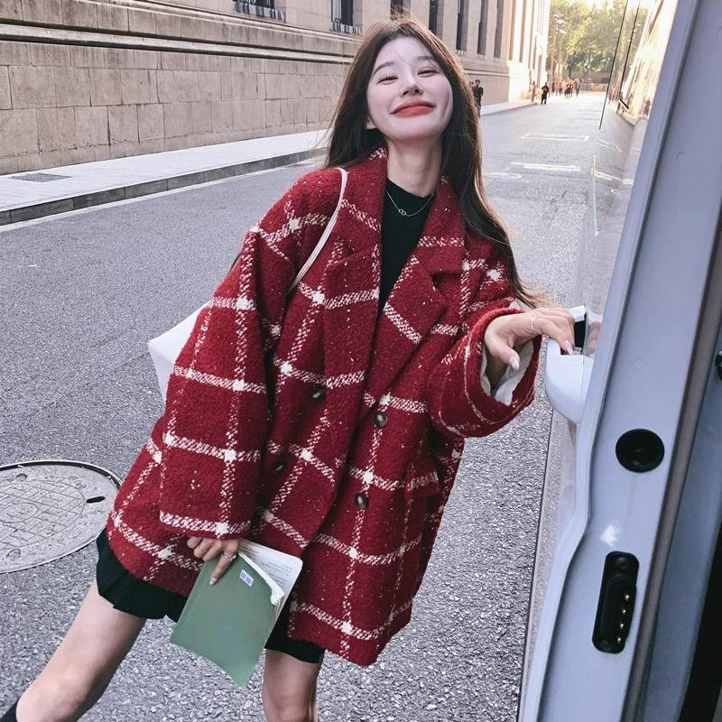 Red Plaid Temperament Suit Woolen Jacket Women's Winter Short Loose Thickened Woolen Blazer