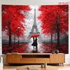 2D Flat, [2D Plane Printing] 1 Large Size/small Size Pattern Printed Tapestry- Romantic, Paris, Eiffel Tower, Red Leaves, Rain., Room Wall Decoration,