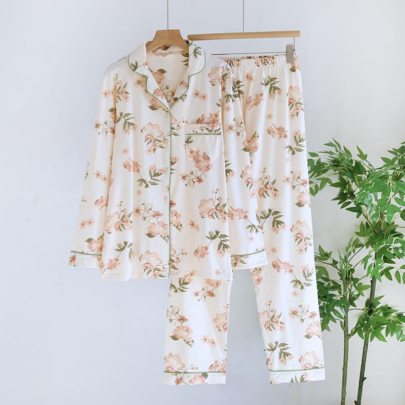 

100% Хлопок Весенне-осенняя Домашняя Одежда Комплект Пижамы с Длинным Рукавом и Цветочным Принтом для Женщин Осенняя Верхняя Одежда Домашняя Одежда XXL