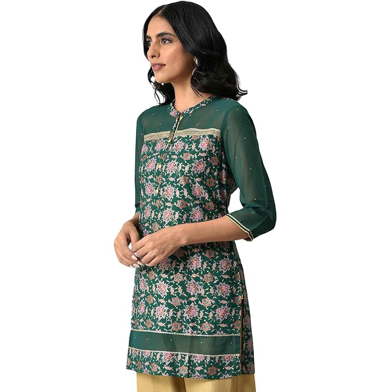 Green Floral Printed Sequined Ethnic Liva Kurta