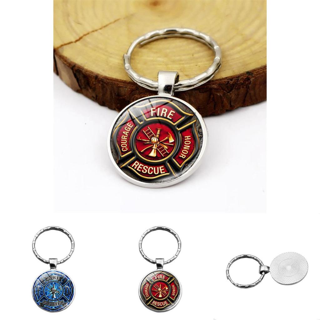 Sleek Rescue Firefighter Emblem Keychain Gemstone Zinc Alloy Key Ring For Men And Women