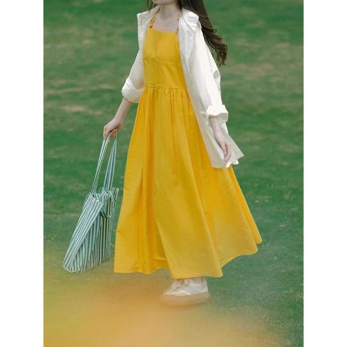 

Dopamine yellow sleeveless suspender dress women s summer French high-end seaside vacation super fairy beach skirt S жёлтый