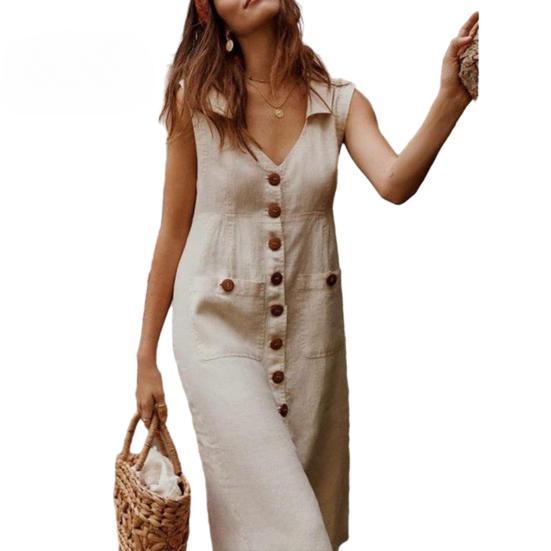Abito midi estivo da donna con colletto a revers, scollo a V, senza maniche, stile camicia, casual, tinta unita, monopetto, con tasche
