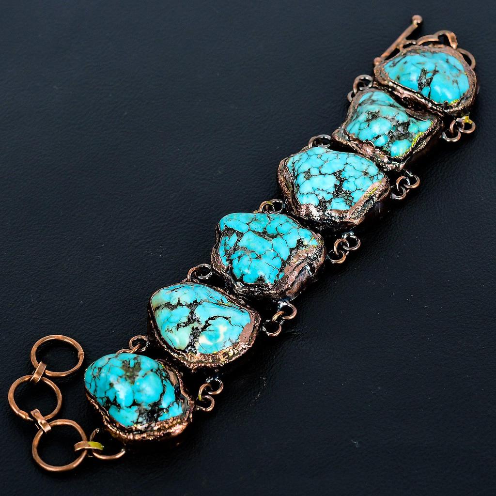 Turquoise Tumble Gemstone Copper Electroformed Jewelry, Handmade Jewelry Adjustable Chain Bracelet Gift For Love