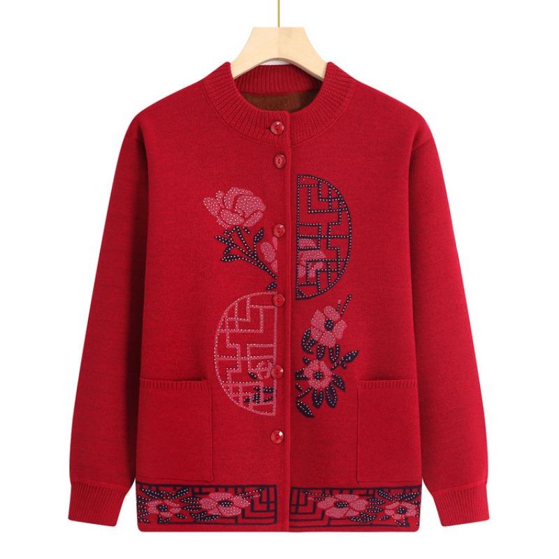 Middle-aged and elderly autumn and winter cardigan top, female grandma fleece thickened warm jacket, festive knitted sweater mother outfit