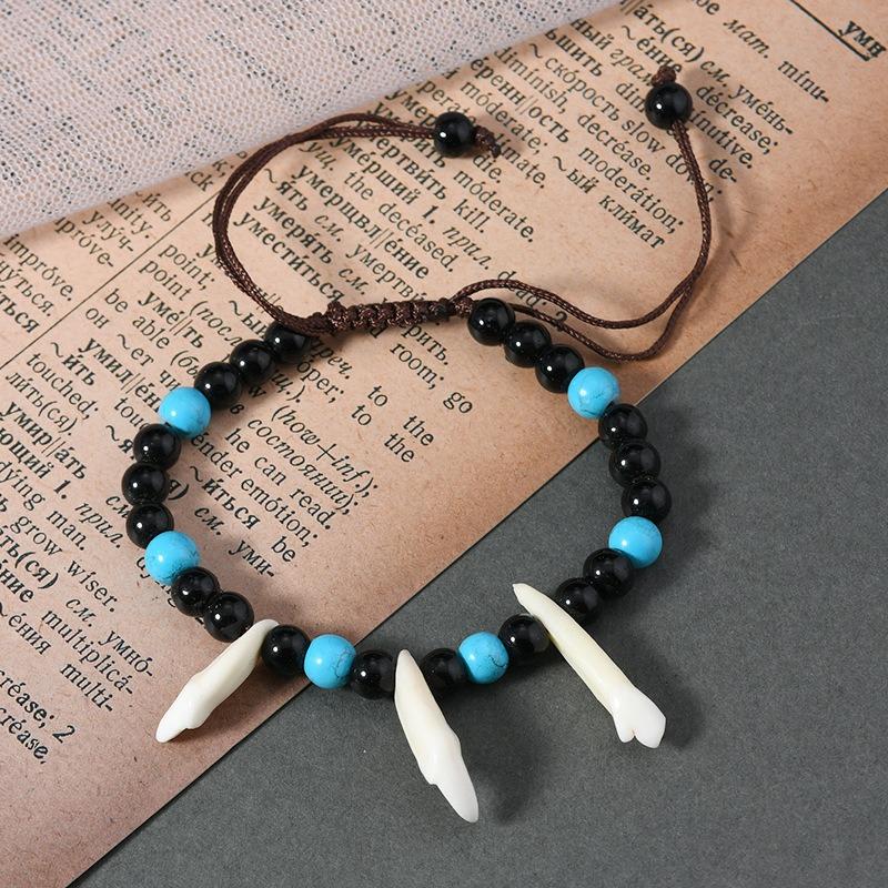Retro Tibetan beef bone dog tooth bracelet engraving dzi bead yak bone personalized men's and women's hand rope scenic jewelry