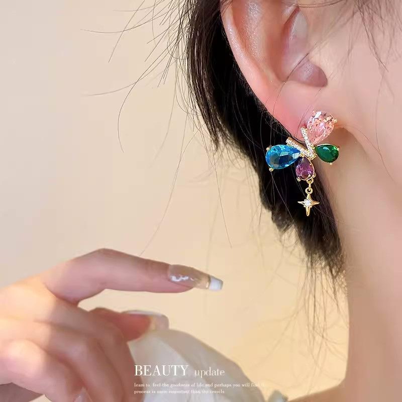 Light Luxury Elegant Design Color Crystal Butterfly Drop Earrings For Women Exquisite Fashion Jewelry Wedding Gifts