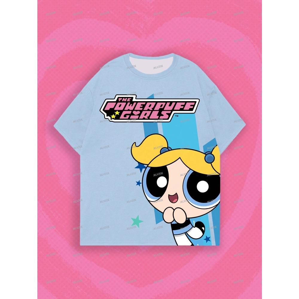 THE POWERPUFF GIRLS Women's Short Sleeve 3D Print T-shirt Round Neck Summer Oversized Casual T-Shirt Women's Clothes