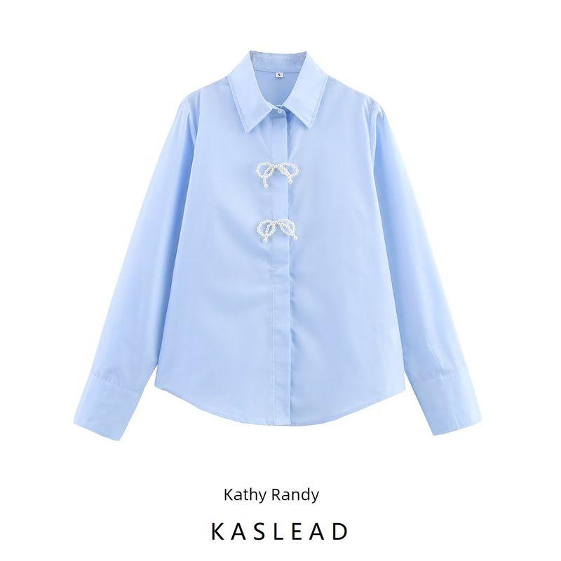 Kaslead New Women Clothes Western Style Decorated Pearls Poplin Long Sleeve Lapel Shirts 2136534 441