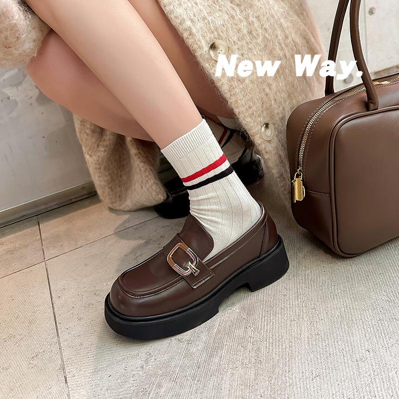 Cowhide~ New British style platform thick heel student casual small leather shoes round head black mandala loafers women