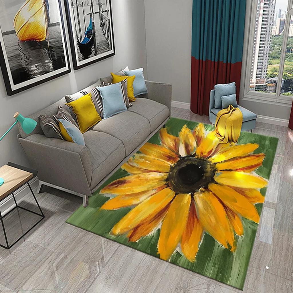 3D Oil Painting Sunflower Carpet for Living Dining Room Bedroom Kitchen Van Gogh Sunflower Nursery Rug Floor Non Slip Area Rug