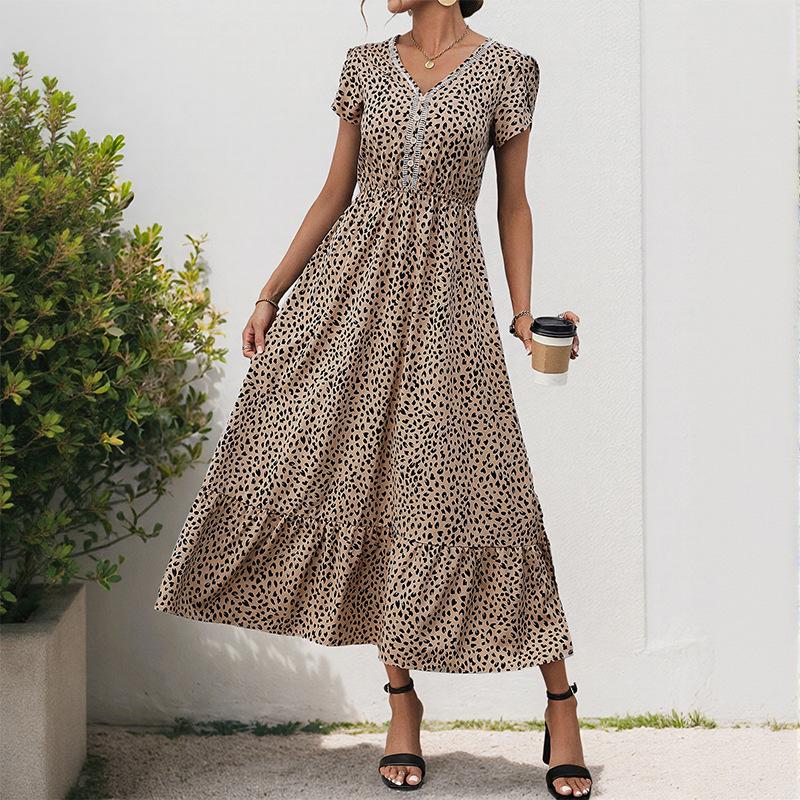 New versatile vacation retro style lace v-neck leopard print women's even