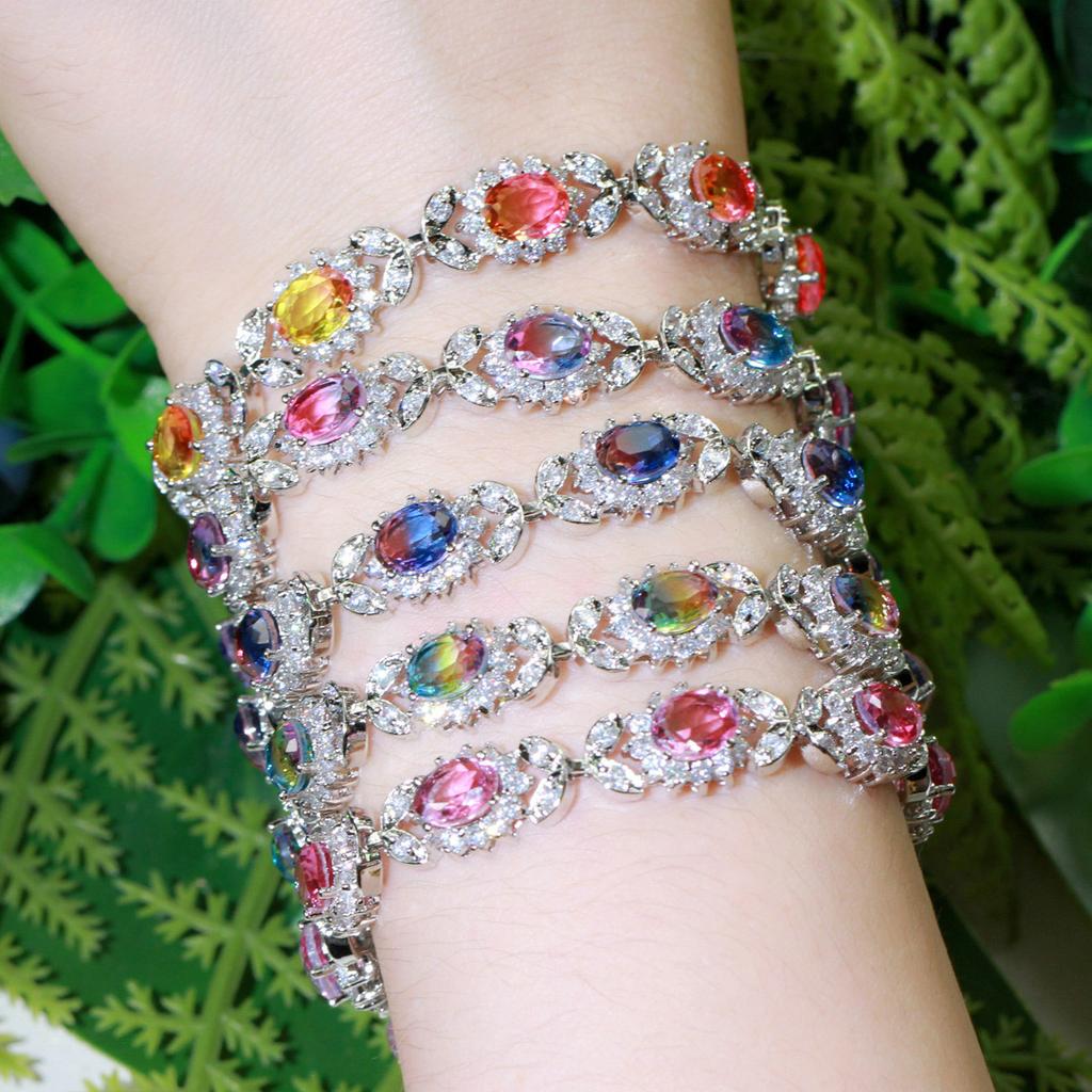 Accessories Copper Inlaid Zircon Full Diamond Bracelet Egg-Shaped Synthetic Gradual Change Crystal Watermelon Tourmaline Hand Jewelry