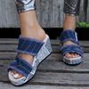 European & American Women's Wedge Heel One-Strap Buckle High-Heeled Sandals - Thick-Soled Fabric Beach Slippers.