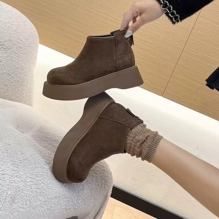 Women's Thick Soled Cotton Shoes Winter New Round Head Suede Back Zipper Anti-slip Wear-resistant Short Boots Platform heels