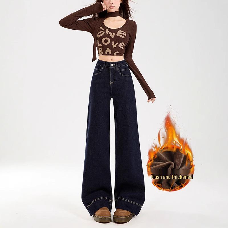 

Women s Fade-resistant Denim Blue Wide-leg Fleece-lined Jeans, Elastic Micro-flare, Floor-length, Slimming. XL