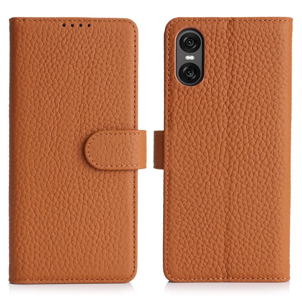 For Sony Xperia 10 VI Stand Case Litchi Texture Genuine Cow Leather Wallet Phone Cover RFID Blocking