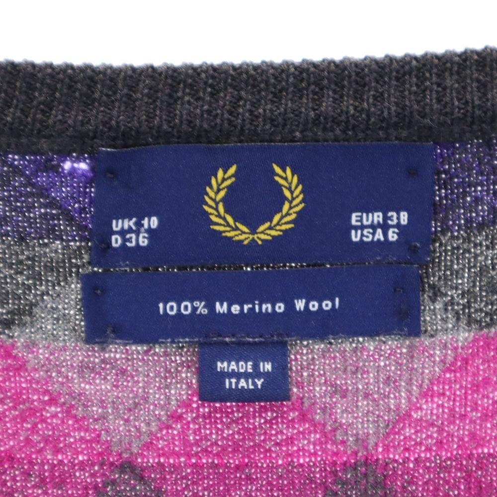 Fred Perry Wool Long Sleeve V Neck Sweater USA6 Gray Knit Dress Women Used