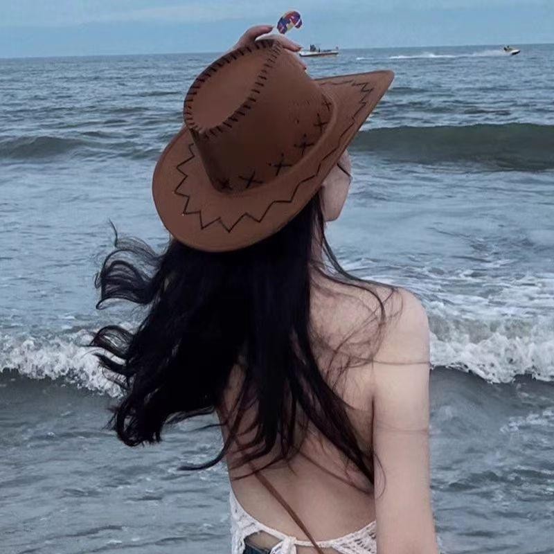 1Pieces Women Men Cowboy Hat Western Suede Cowgirl Hats Fashion West Fancy Dress Party Headwear Unisex Cap Mountaineering Scarf