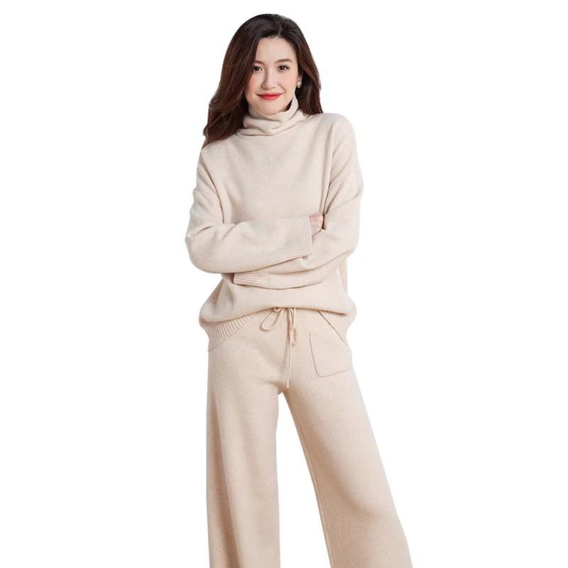 Women's 100% Pure Wool Two-Piece Set: High Neck Sweater & Wide-Leg Knit Pants for Autumn