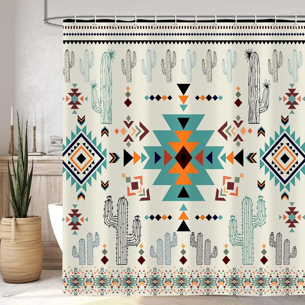Western Country Tribal Geometric Cactus Shower Curtain Bathroom Decoration Polyester Waterproof Shower Curtain with 12 Hooks