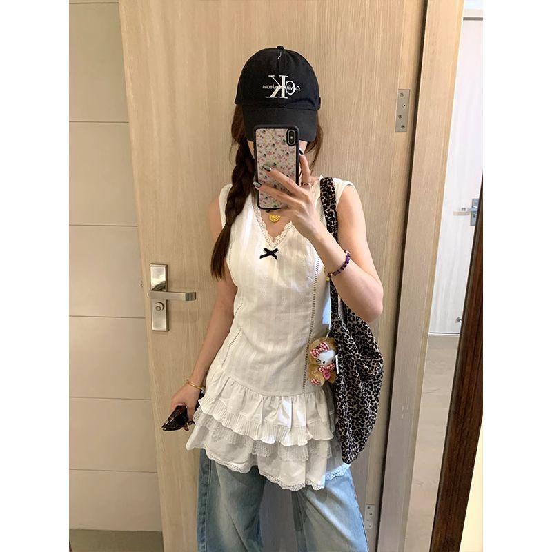 Plus-Size French Lace Trim Camisole Top for Women, Summer New Style, Loose Fit, Slimming Sleeveless Short Dress