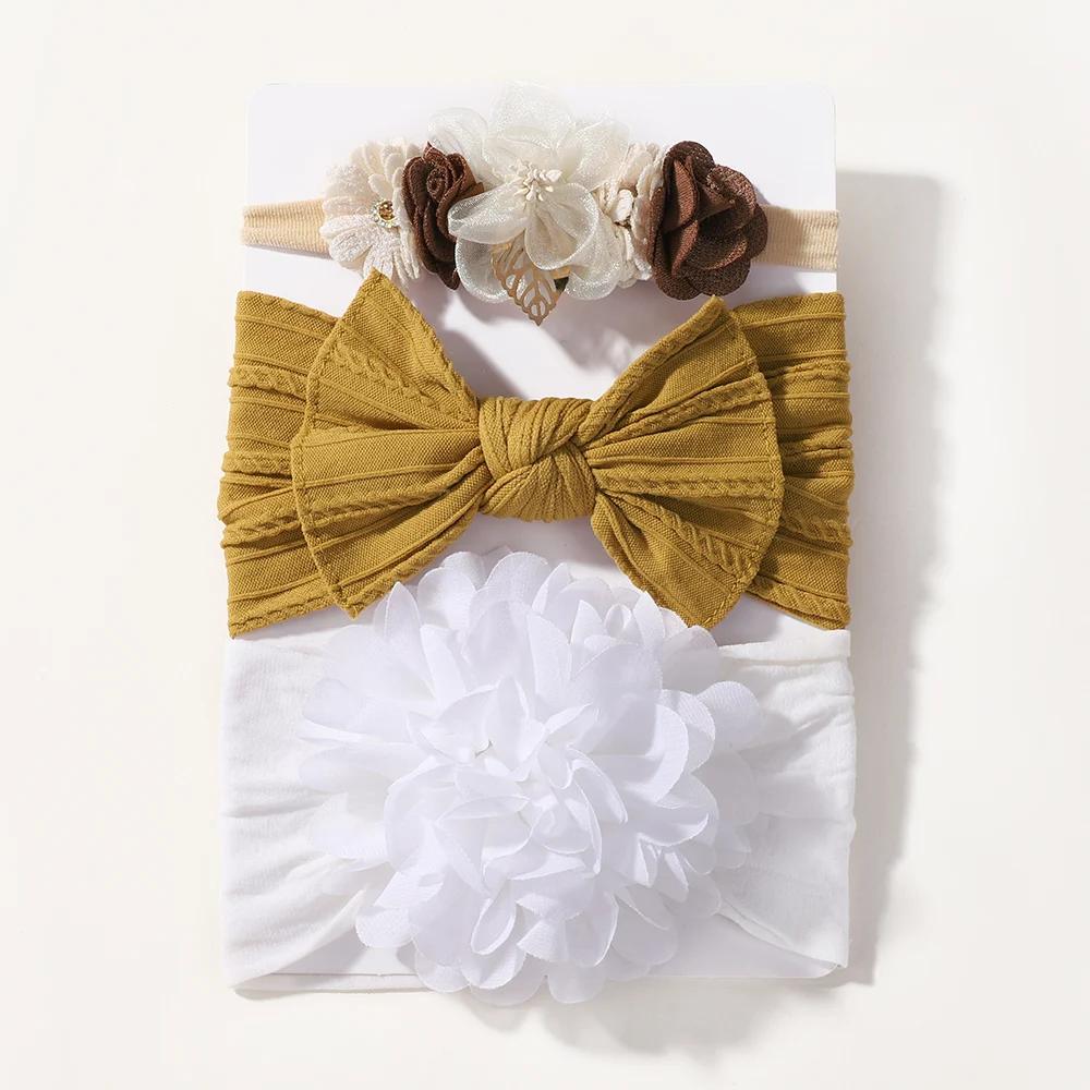 

3 шт./компл. Искусственные цветы Детские повязки на голову для девочек Эластичный плетеный тюрбан Детские повязки Нейлоновый головной убор для новорожденных Аксессуары для волос