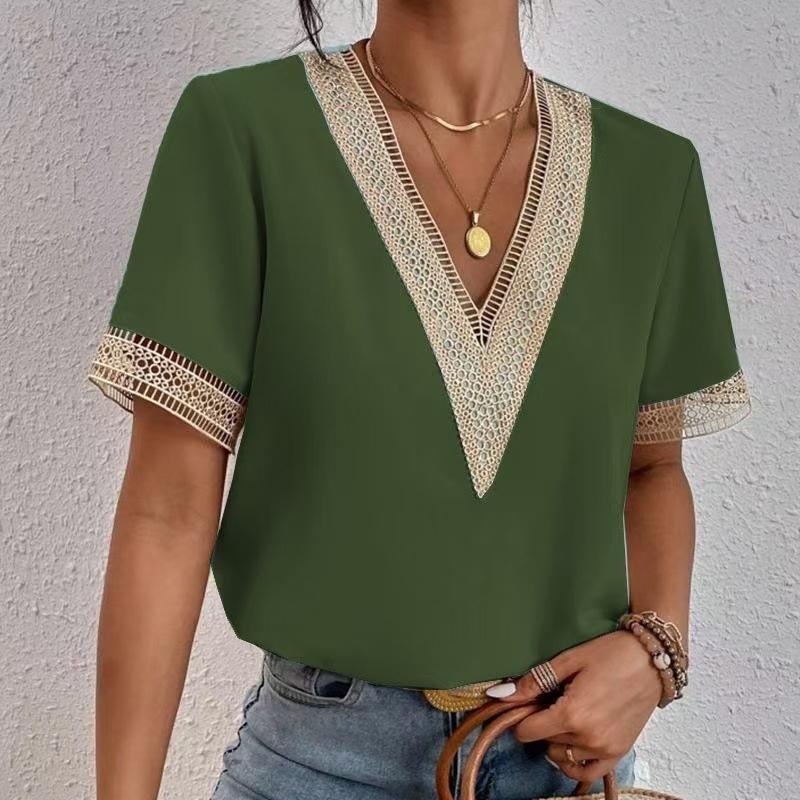 Women's V Neck Blouse Short Sleeve Lace Trim Loose Fit Casual Summer Top