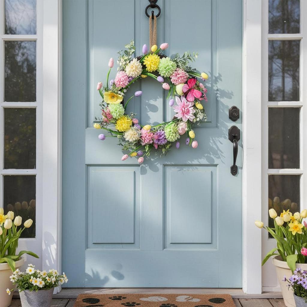 Easter Wreath 40cm Artificial Cute Festive Spring Garland Front Door Wreath for Family Friends Adults Men Women Holiday Home