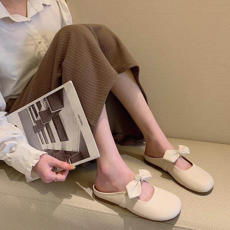 [Uncle Shoes] Half-drag Bow New Summer French Lazy Shoes Soft-soled Bag Head Slippers Women Wear a Pedal