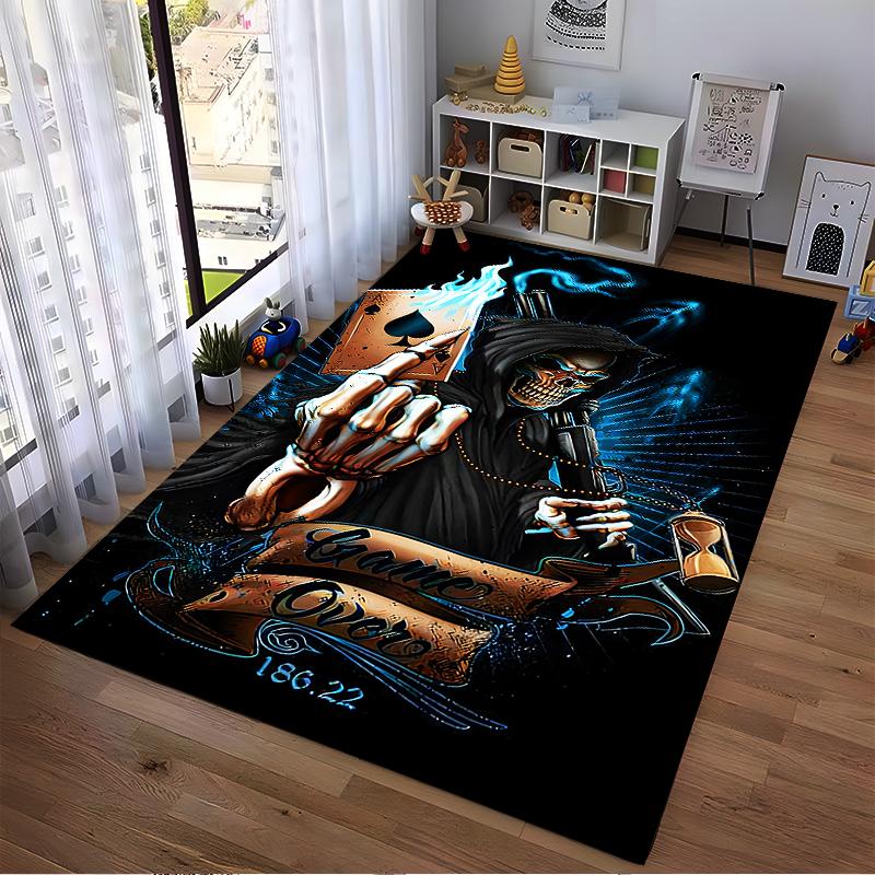 Skeleton wizard holding cards printed anti-slip rug, suitable for living room and bedroom sofa