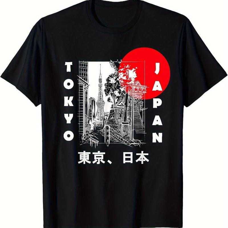 Men's Black Tokyo Japanese Printed Loose T-shirt Men's T-shirt Summer Brand Straight Tube Unise