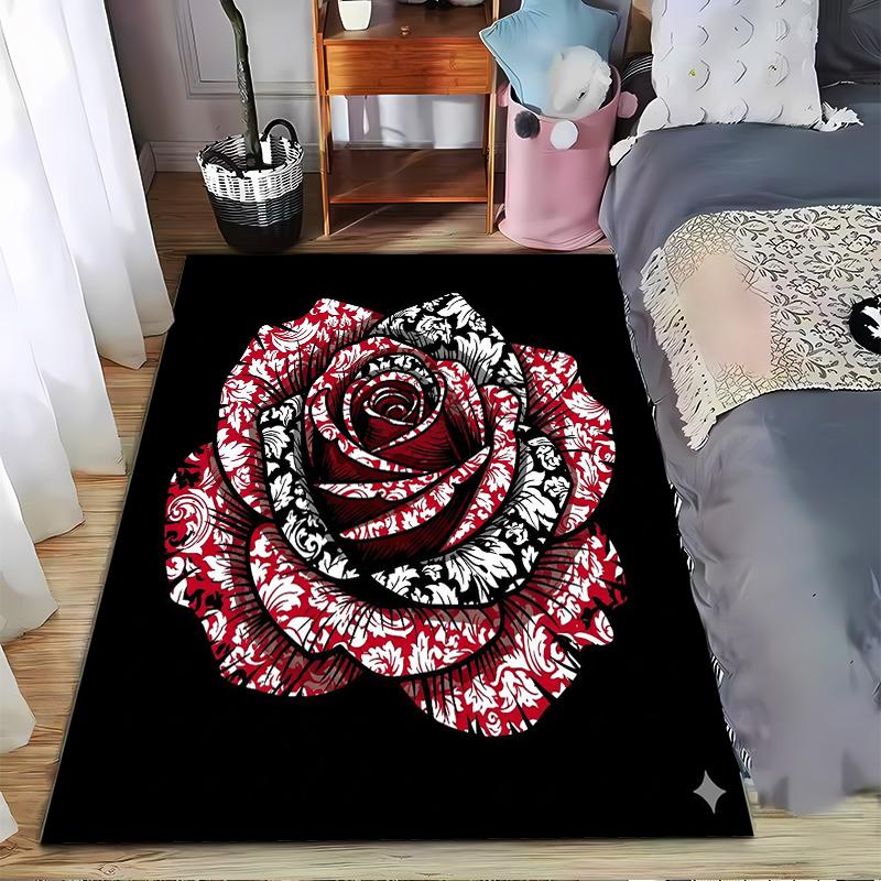 Red and Black Rose Pattern Carpet Non-slip Rug Suitable for Living Room and Bedroom Sofas